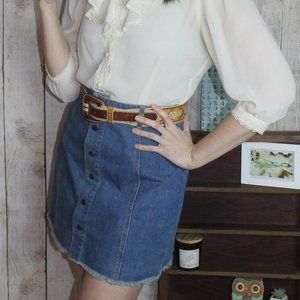 Denim Snap Front Raw Hem Mini Skirt